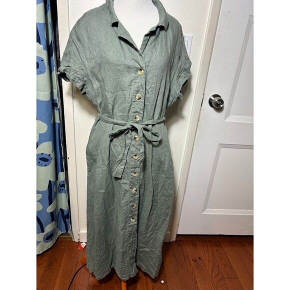 Quince 100% European Linen Button Front Midi Dress Olive Green Sz Large Capsule - Picture 2 of 6